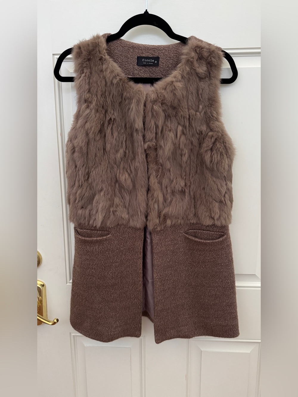 Circle Made in Korea Women’s Fur & Knit Long Vest Taupe Brown Open Front